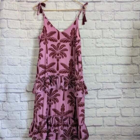 Eugenia Fernandez Arkitect Tiered Midi Dress M Pink Red Palm Print Ruffle Boho - Picture 5 of 9